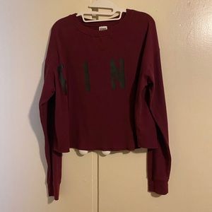 NWOT PINK Brand burgundy long sleeve waffle knit tee black lettering